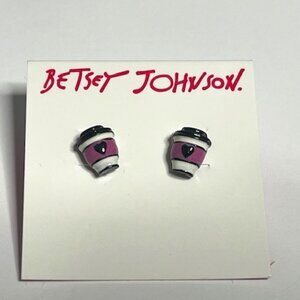 NEW Betsey Johnson Betsey Coffee Cup Stud Earrings Heart Black White Pink